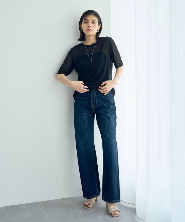 YECCA VECCA クルーネック5分袖シアートップス Black