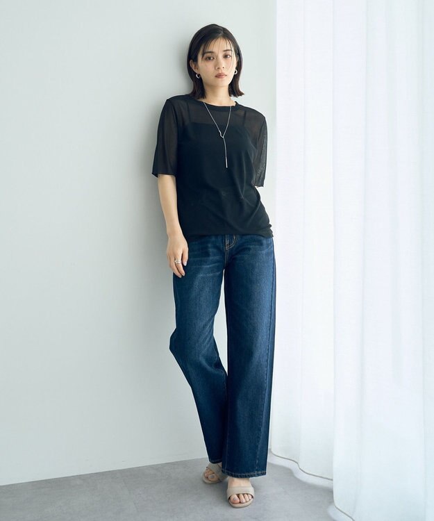 YECCA VECCA クルーネック5分袖シアートップス Black