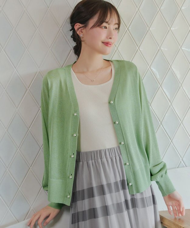 Tiaclasse ラメシアー天竺パールボタンカーディガン グリーン