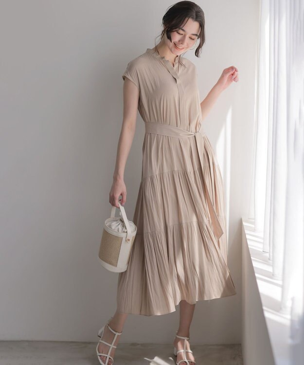 組曲 L 【WEB限定】ギャザーライトデシン ティアードワンピース ベージュ系