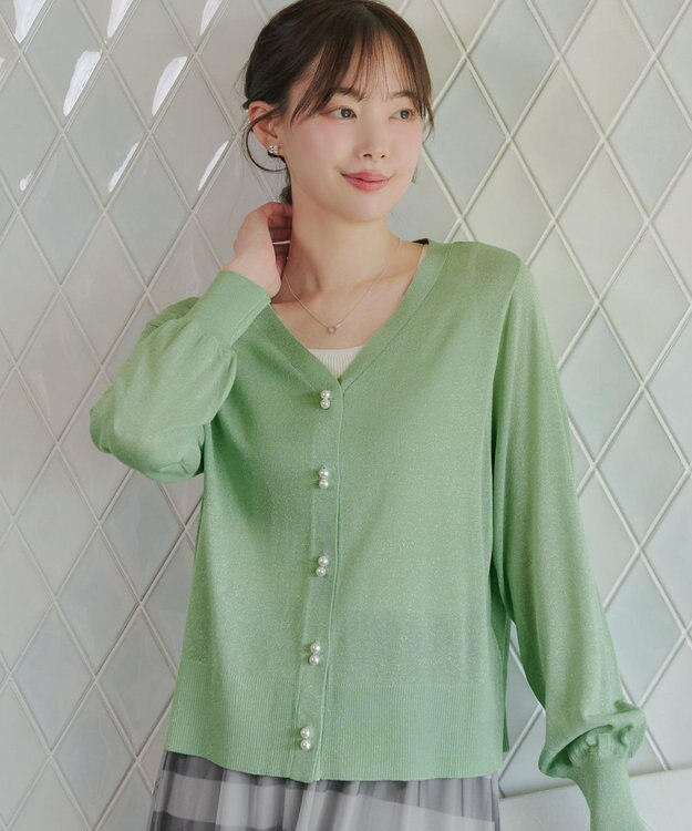 Tiaclasse ラメシアー天竺パールボタンカーディガン グリーン