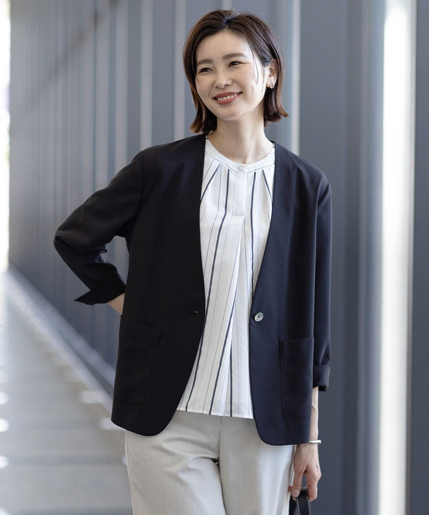 J658新品J.PRESS ストレッチノーカラージャケット13号￥28050 洗える】ストレッチ ノーカラー ジャケット / J.PRESS LADIES S
