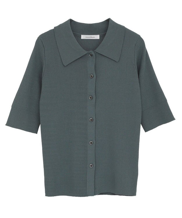 Green Parks ポロ襟5分袖リブニット Turquoise Blue