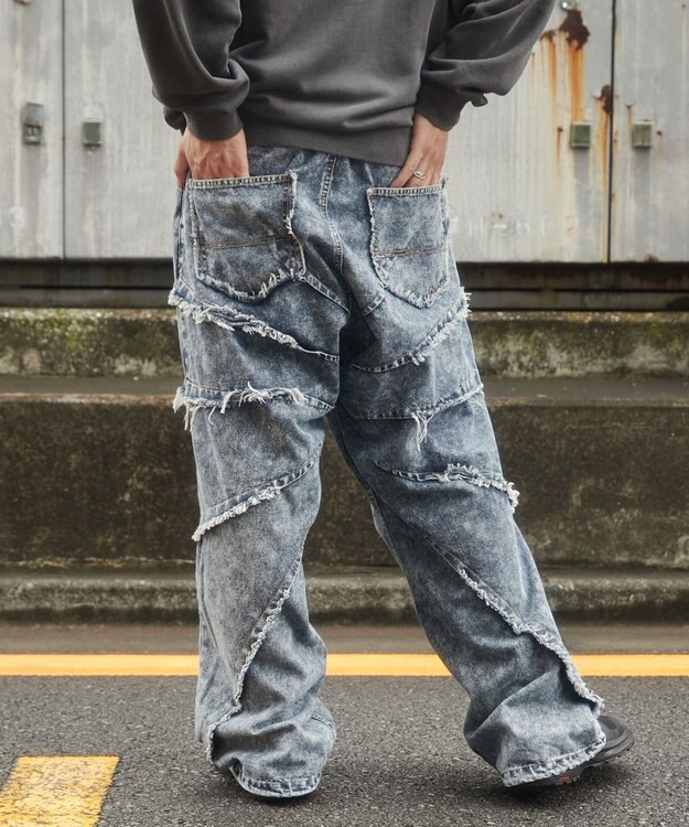 WEGO ダーツフリンジデニムパンツ デニム淡加工色