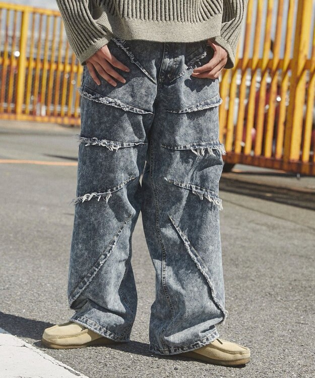 WEGO ダーツフリンジデニムパンツ デニム淡加工色