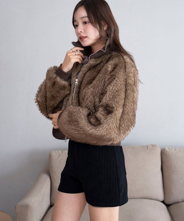 WEGO 【25年秋冬新作】フェイクファーショートブルゾン ブラウンその他