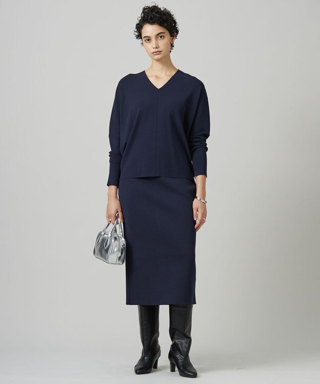 ICB 【洗える】 クロスコンビ ニットスカート ネイビー系