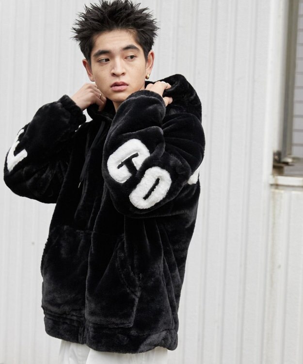 WEGO ファーフードグラフィックブルゾン ブラック