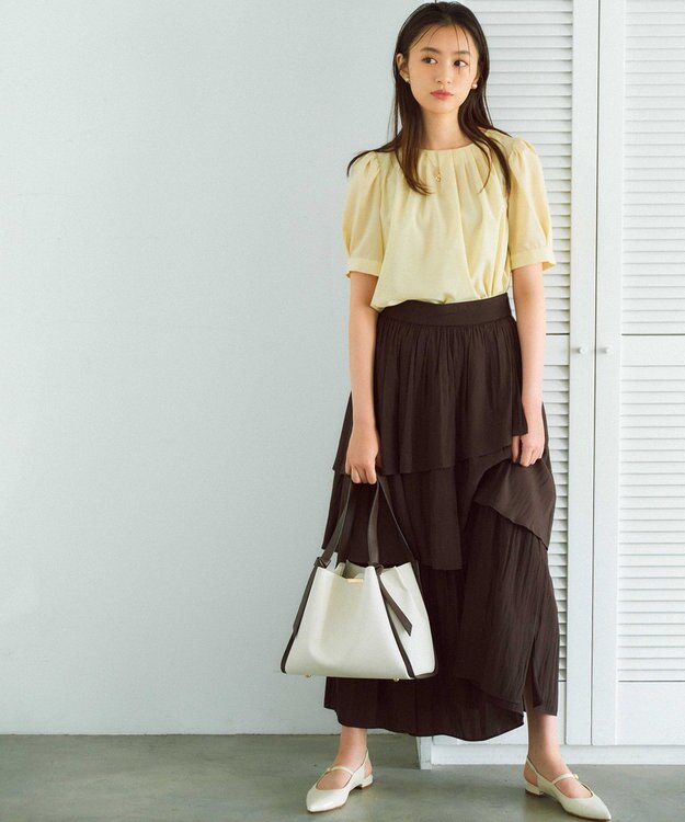 組曲 【入江未悠さんコラボ】ギャザーライトデシンティアード スカート チョコレートブラウン系