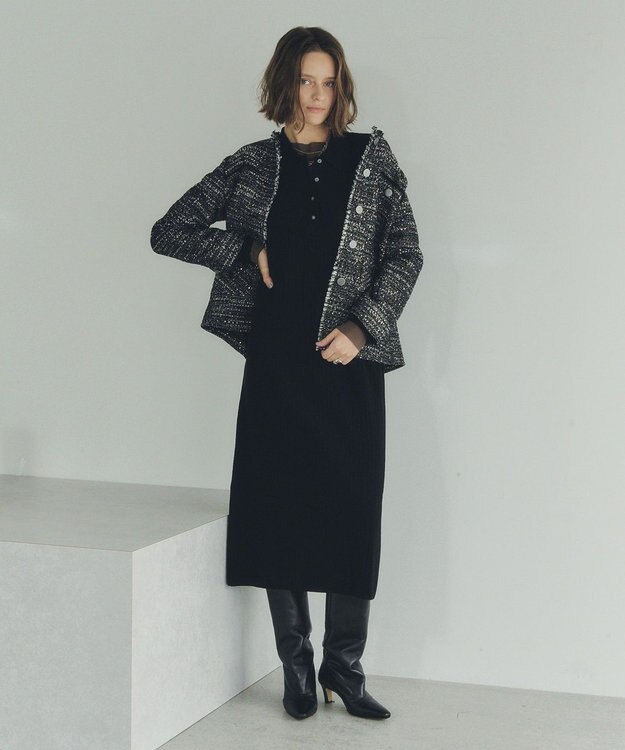 YECCA VECCA ノーカラーツイードジャケット Black