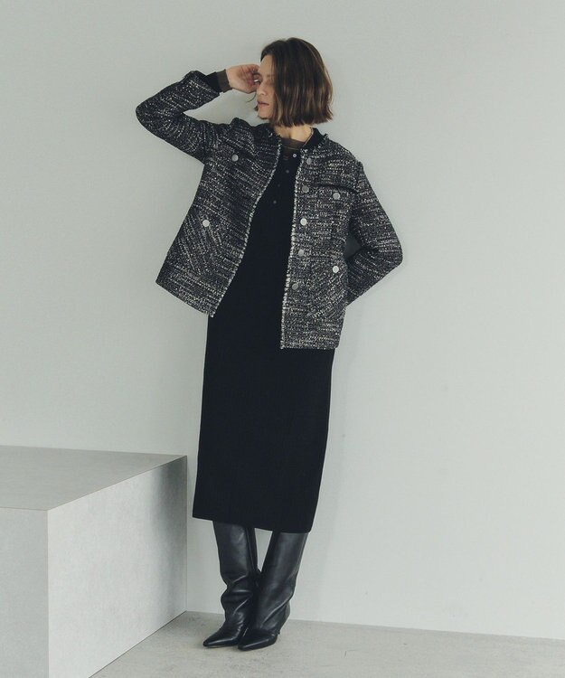 YECCA VECCA ノーカラーツイードジャケット Black