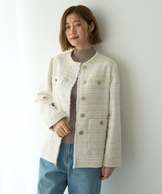 YECCA VECCA ノーカラーツイードジャケット Ivory