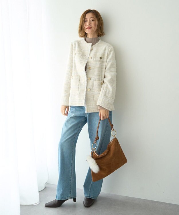 YECCA VECCA ノーカラーツイードジャケット Ivory