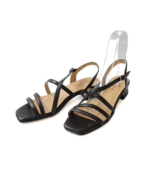 Pointer 日本製 本革ラインストラップサンダル ブラック