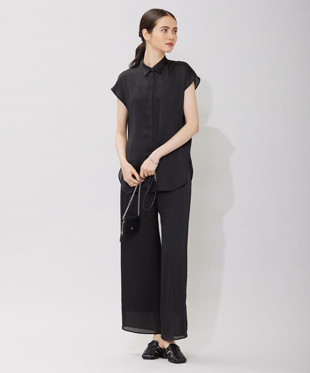 ICB 【接触冷感・洗える】サテンヨウリュウ フレンチスリーブシャツ ブラック系