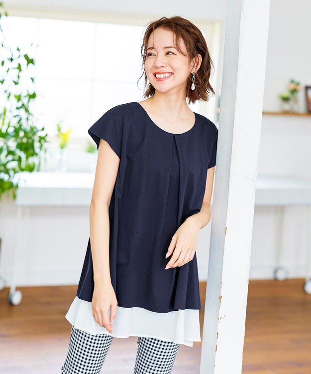 Tiaclasse 【洗える】 異素材を組み合わせたバックシャンカットチュニックブラウス ネイビー