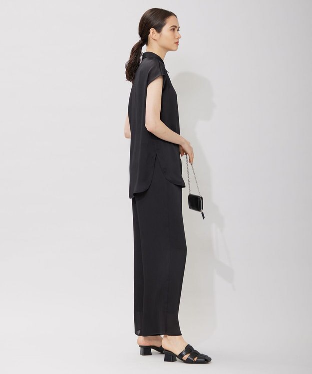 ICB 【接触冷感・洗える】サテンヨウリュウ フレンチスリーブシャツ ブラック系