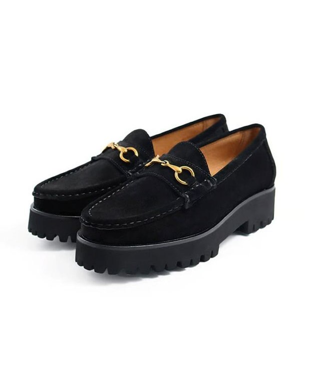 APOM 本革トラックソールホースビットローファー40 ブラックスエード