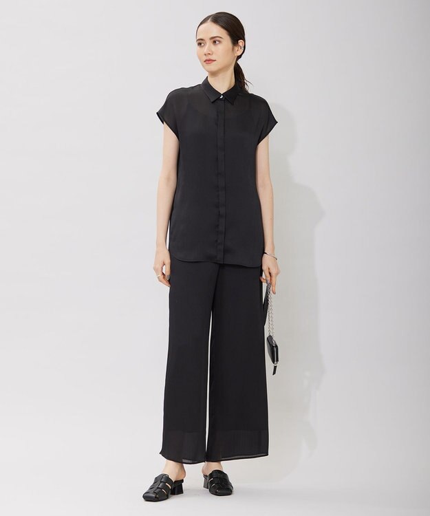 ICB 【接触冷感・洗える】サテンヨウリュウ フレンチスリーブシャツ ブラック系