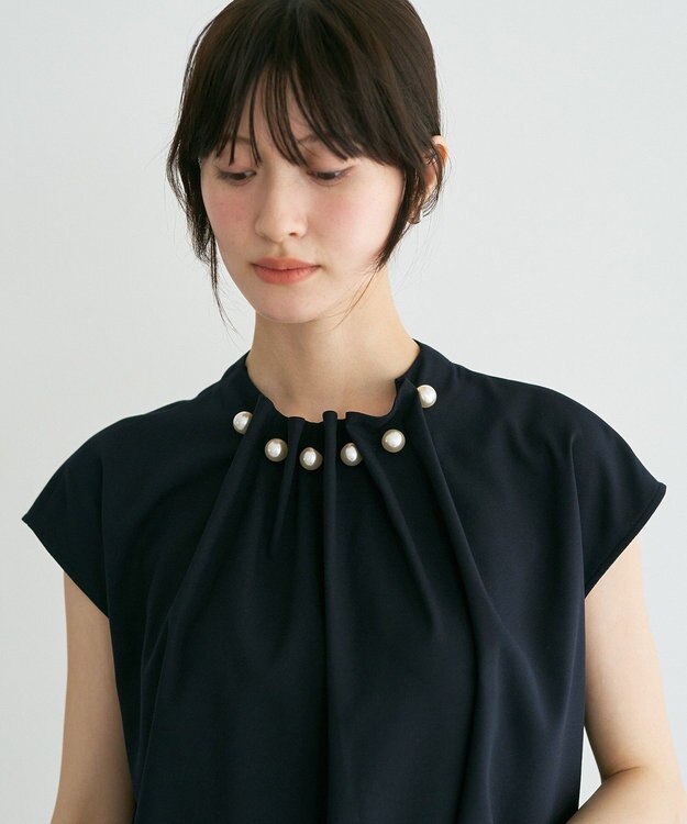 YECCA VECCA パールタックフレンチスリーブブラウス Dark Navy