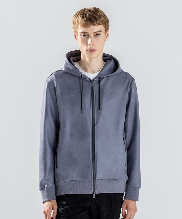 JOSEPH HOMME 新素材【ストレッチ/光沢感】レザーライクジャージーコンビ　フーディー ライトグレー系