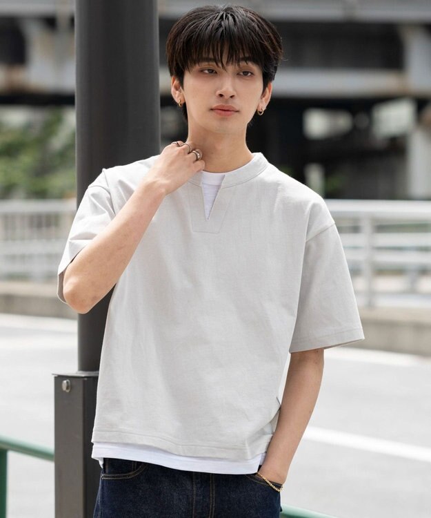 WEGO 【ユニセックス着用ITEM/MLサイズ展開】フェイクレイヤードキーネックT（SS） ライトグレー