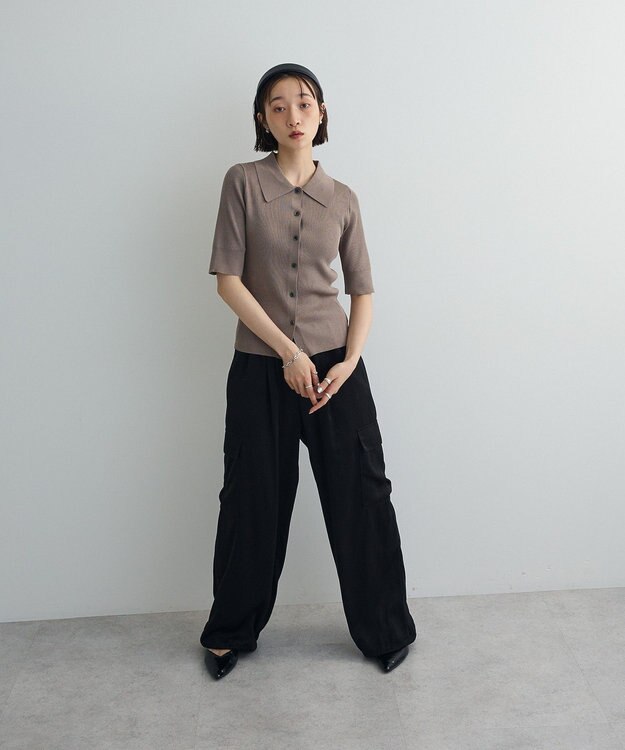 Green Parks ポロ襟5分袖リブニット Gray Beige