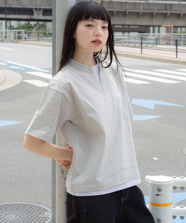 WEGO 【ユニセックス着用ITEM/MLサイズ展開】フェイクレイヤードキーネックT（SS） ライトグレー