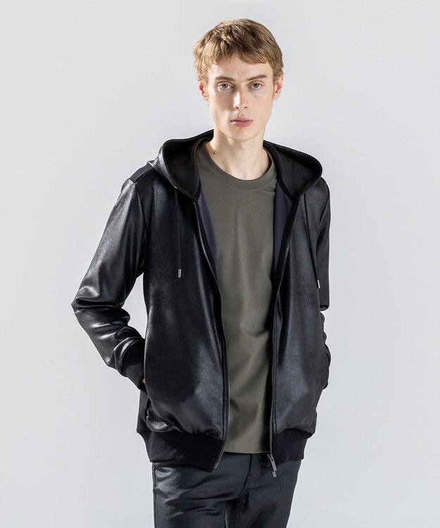 JOSEPH HOMME 新素材【ストレッチ/光沢感】レザーライクジャージーコンビ　フーディー ブラック系