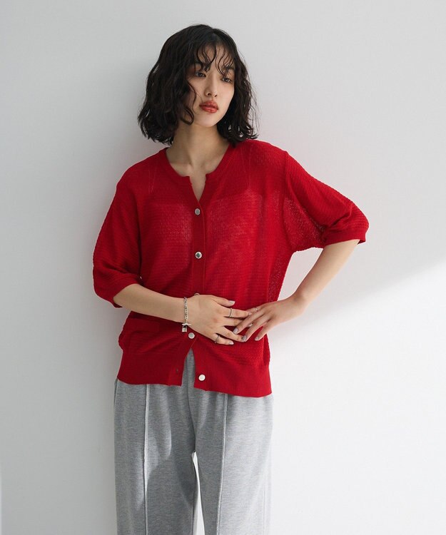 Green Parks スキッパー半袖ニットカーディガン Red