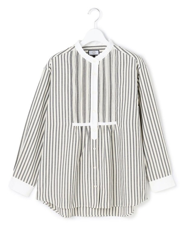 J.PRESS YORK STREET 【WOMEN】ピンタック バンドカラーストライプブラウス ブラック系1