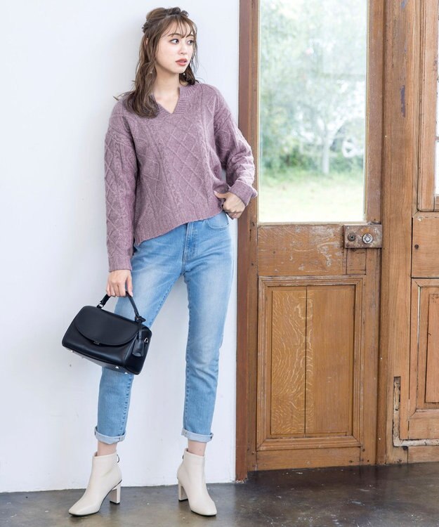 Tiaclasse L 【洗える】アラン柄キーネックニットトップス ラベンダー