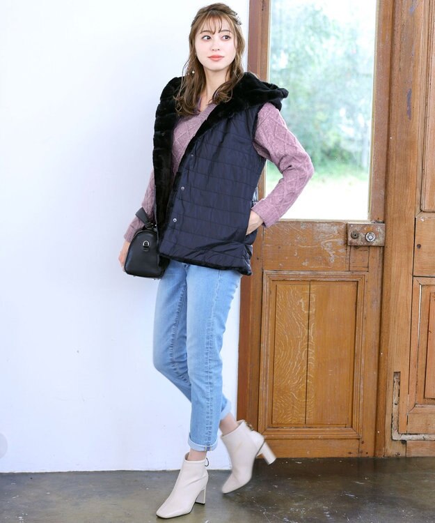 Tiaclasse L 【洗える】アラン柄キーネックニットトップス ラベンダー