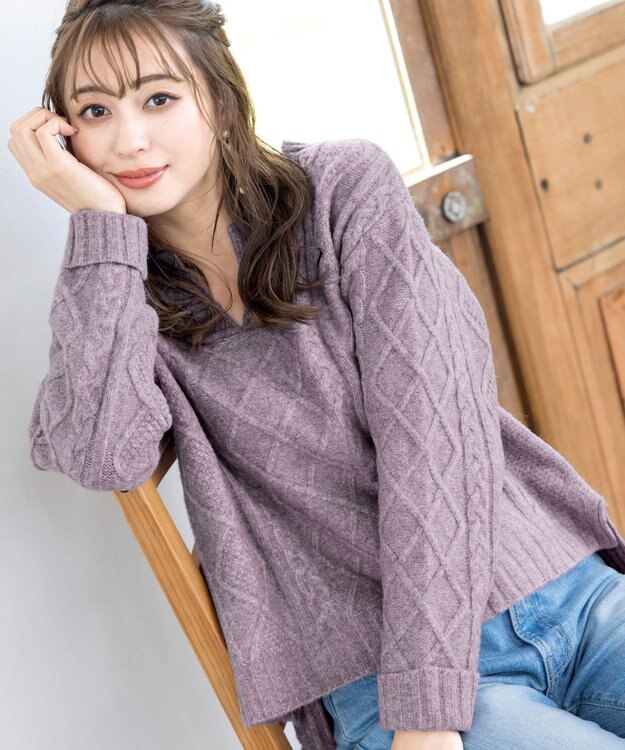 Tiaclasse L 【洗える】アラン柄キーネックニットトップス ラベンダー