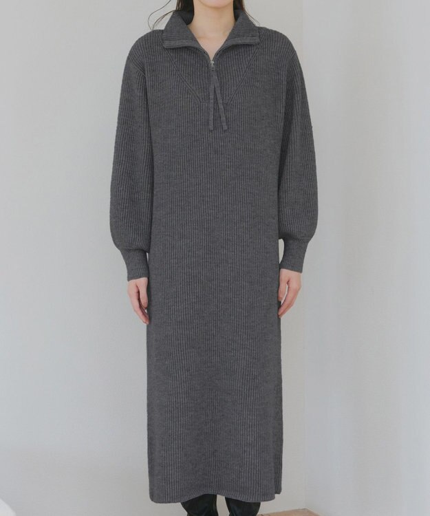Tiaclasse 【洗える】ハーフジップリブニットワンピース チャコールグレー