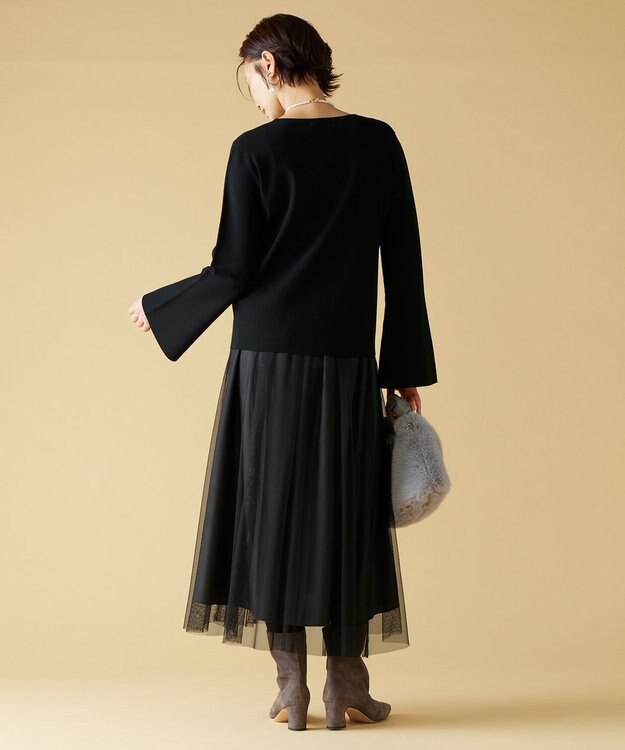 自由区 【セットアップ対応・洗える】レーヨンストレッチフレアスリーブ ニット ブラック系