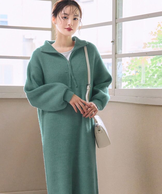 Tiaclasse 【洗える】ハーフジップリブニットワンピース グリーン