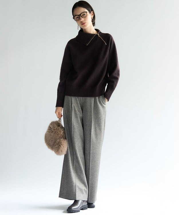 23区 L ボイルドウールコンビ ジップ タートルニット ダークブラウン系