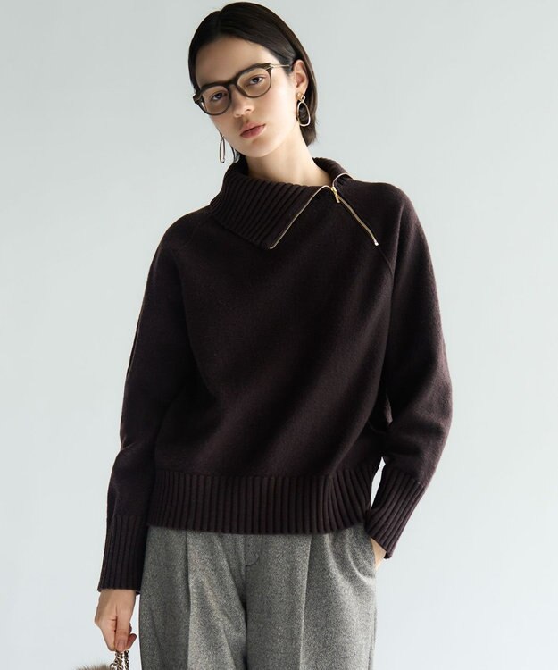 23区 L ボイルドウールコンビ ジップ タートルニット ダークブラウン系