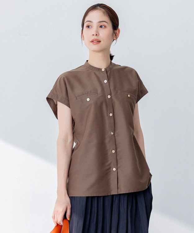 組曲 【洗える・涼感】シアーボイルバンドカラー ブラウス ダークブラウン系