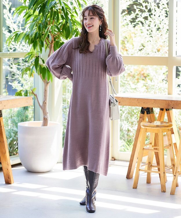 Tiaclasse 【洗える】パフスリーブリブ編みニットワンピース ピンク