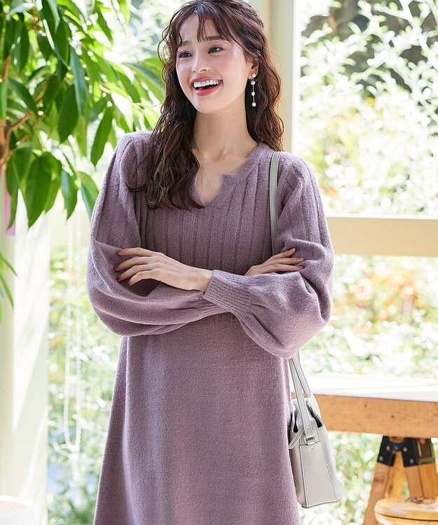 Tiaclasse 【洗える】パフスリーブリブ編みニットワンピース ピンク