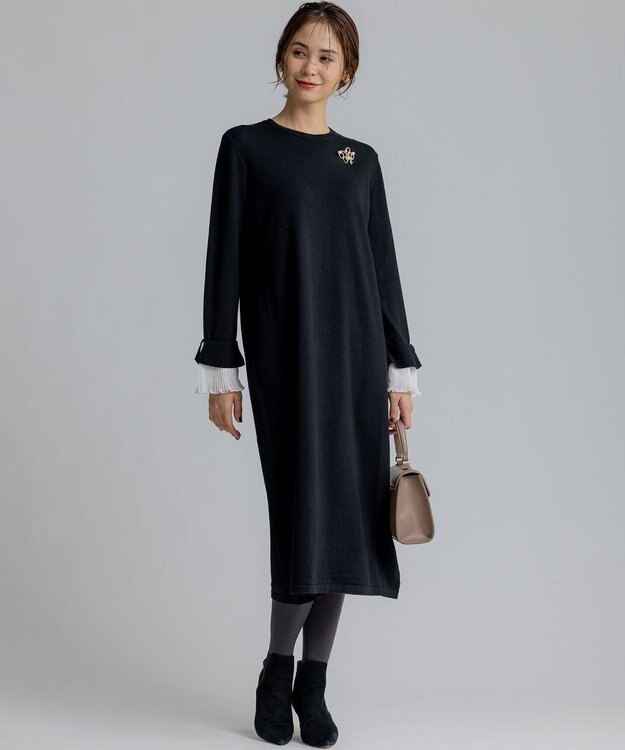 組曲 S 袖フリルニット ワンピース ブラック系