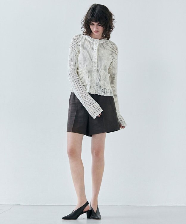 BEIGE， 【洗える】THYME / クルーネックコットンメッシュカーディガン Ecru