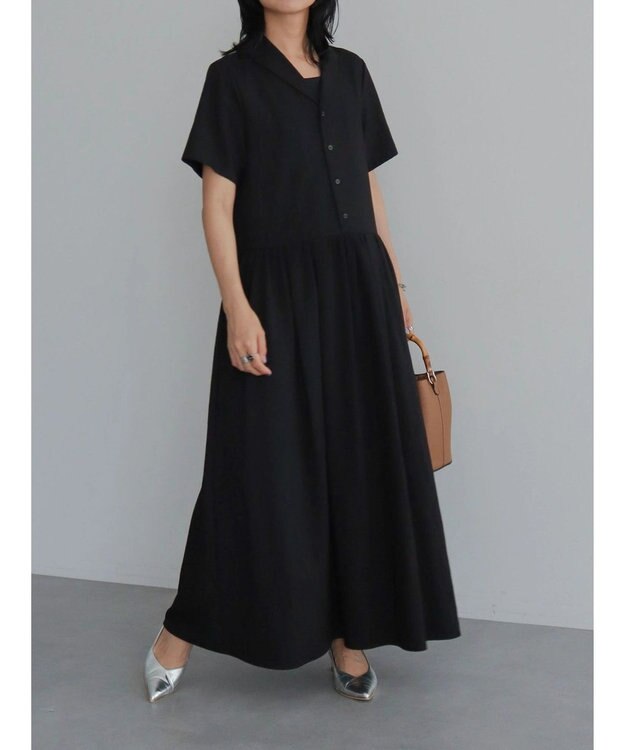 Green Parks ローウエスト切替開襟シャツワンピース Black