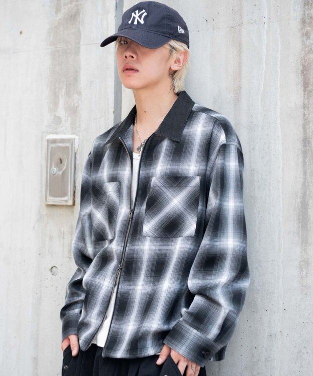 WEGO 【ユニセックス着用ITEM/MLサイズ展開】オンブレチェックシャツジャケット ブラックチェック1