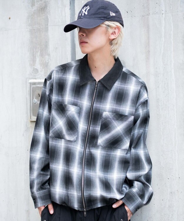 WEGO 【ユニセックス着用ITEM/MLサイズ展開】オンブレチェックシャツジャケット ブラックチェック1