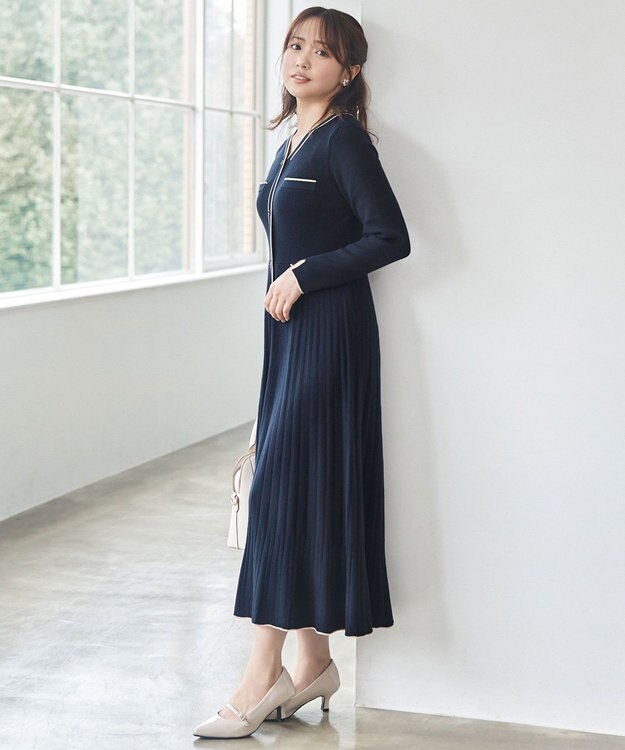 ANY SIS S 【洗える】バイカラーデザインニット ワンピース ネイビー×ベージュ