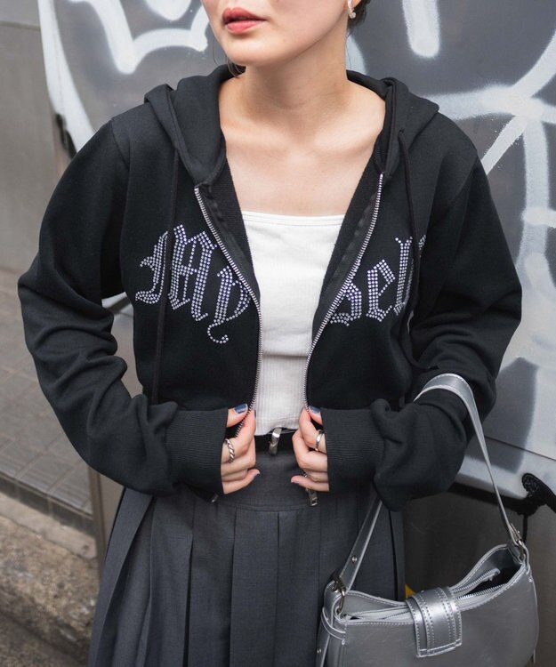 WEGO ラインストーンWジップショートパーカー ブラック