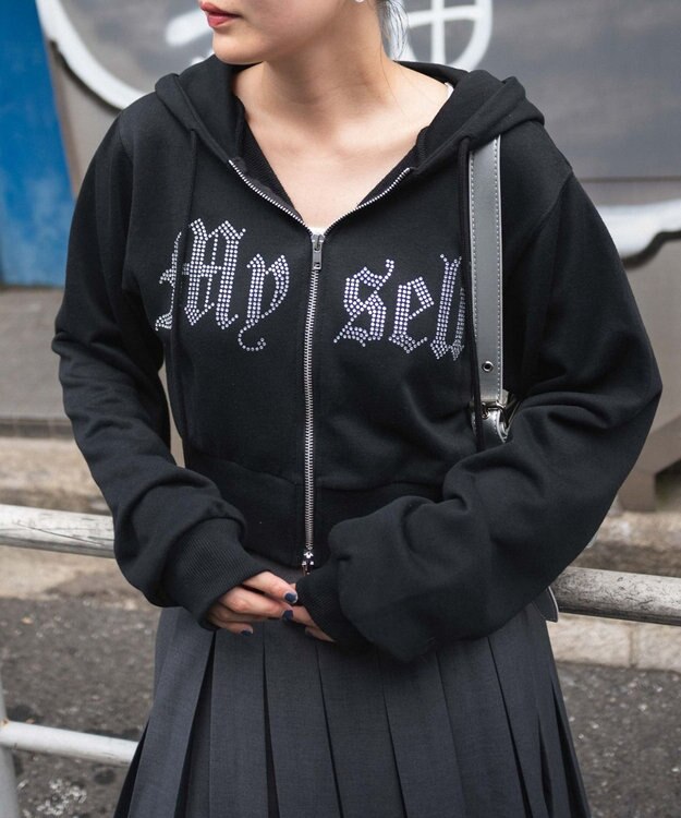 WEGO ラインストーンWジップショートパーカー ブラック